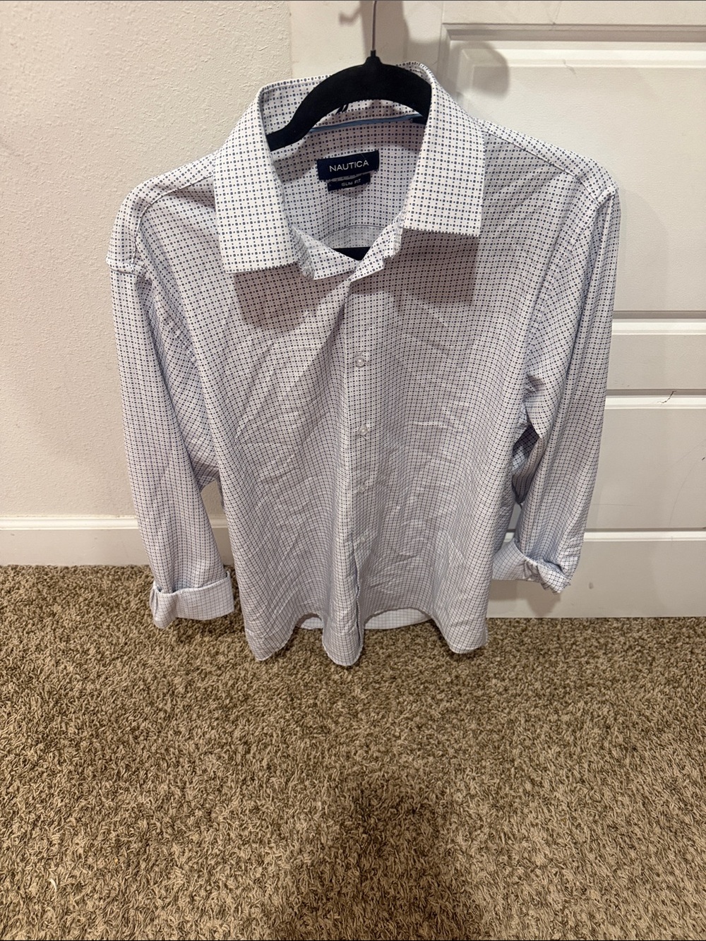 Nautica Men's White and Blue Micro-Check Dress Shirt